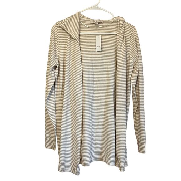 LOFT Striped Hooded Open Front Cardigan Sweater XS Beige White - Picture 1 of 11